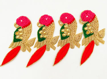 Hand Embroidered Bird Applique With Pink and Red Embroidery With Antique Gold Zardozi Work, Parrot Applique, Knot Embroidered Applique